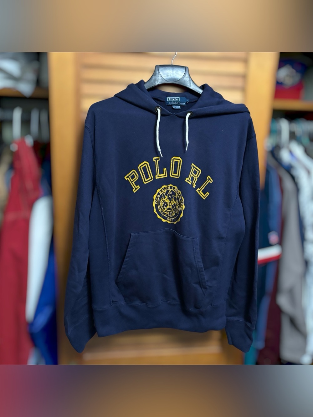 Vintage 90s Polo Ralph Lauren Collegiate Crest Logo Hoodie Pullover Blue Medium